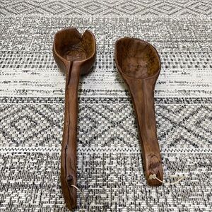 2 Antique Primitive Hand Carved Wood Serving Spoons Americana Farmhouse Cottage